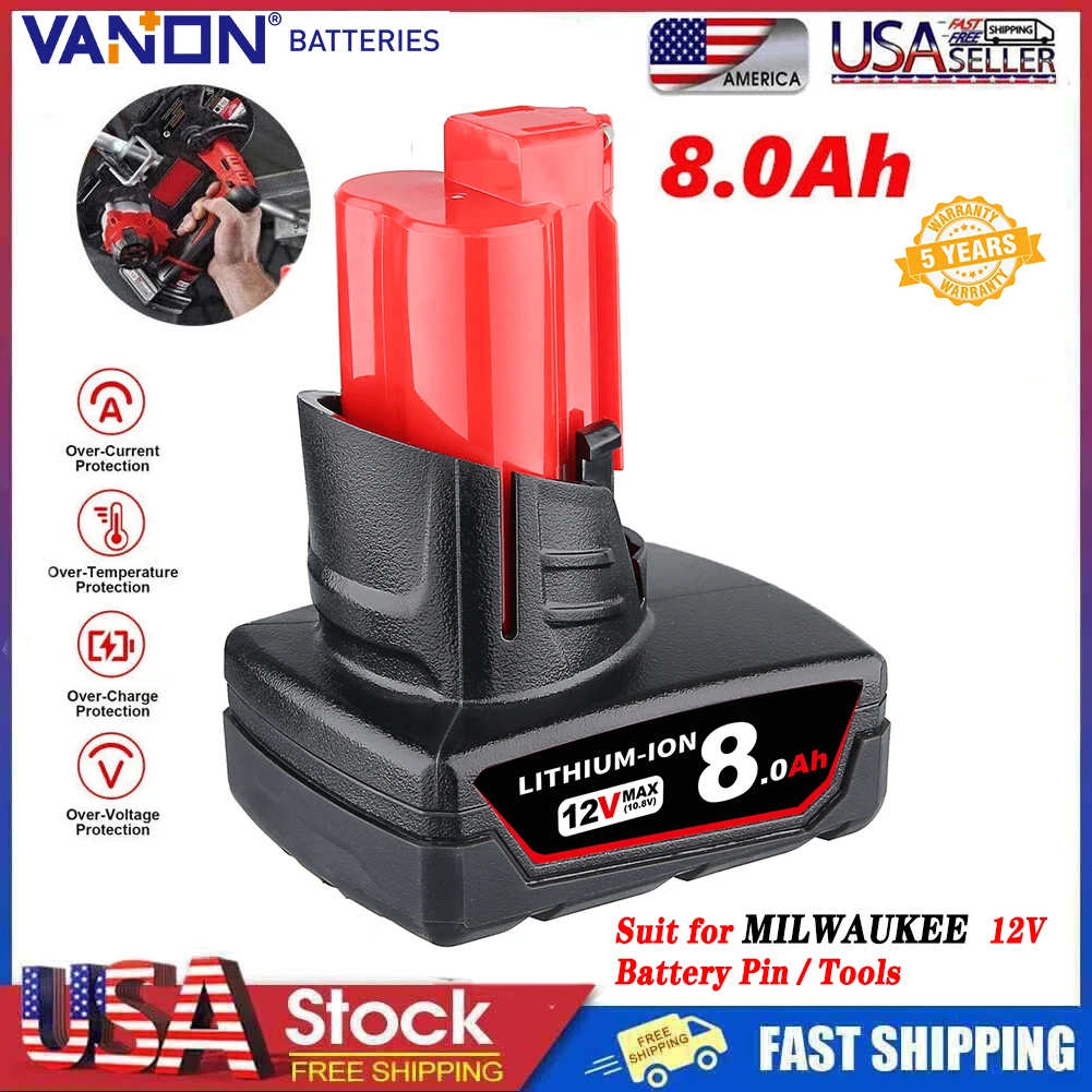 

VANON 12V 8.0Ah Li-on Battery Compatible for Milwaukee M12 Power Tools,Replace for 12Volt Battery Pin 48-11-2440 48-11-2412