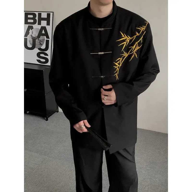 New Chinese Style Men's Engagement Suit Set DK Collar Zhongshan Suit Gold Bamboo Embroidery Adult Ceremony Formal Wear Class ...