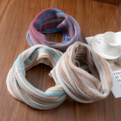 Unisex 100% Wool Knitted Striped Ring Scarf Women Soft Warm Cashmere Like Neckchief Fashion Turtleneck Fake Collar Neck Warmer