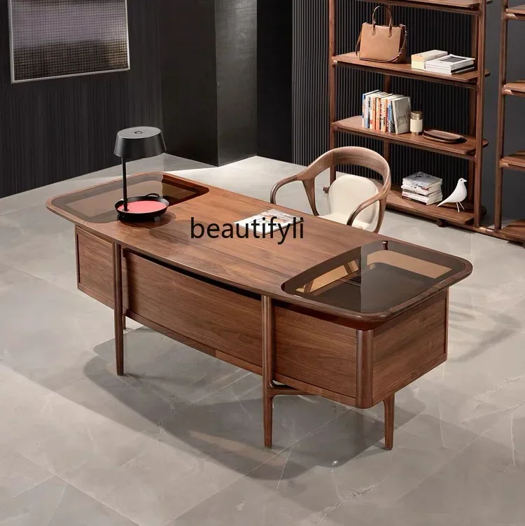 

New Chinese light luxury solid wood large board desk home study boss desk walnut writing desk