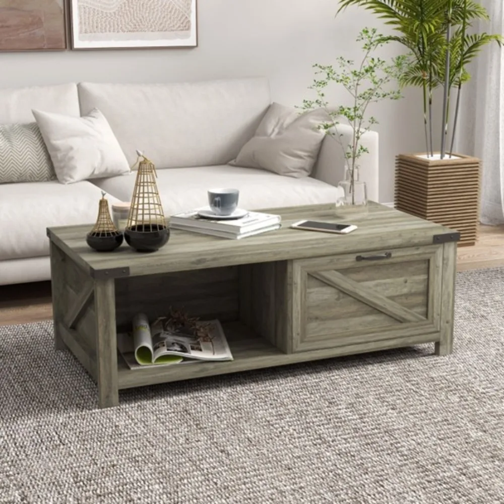 

Farmhouse Coffee Table with Storage and Drawer, Rustic Coffee Table for Living Room, Open Shelf