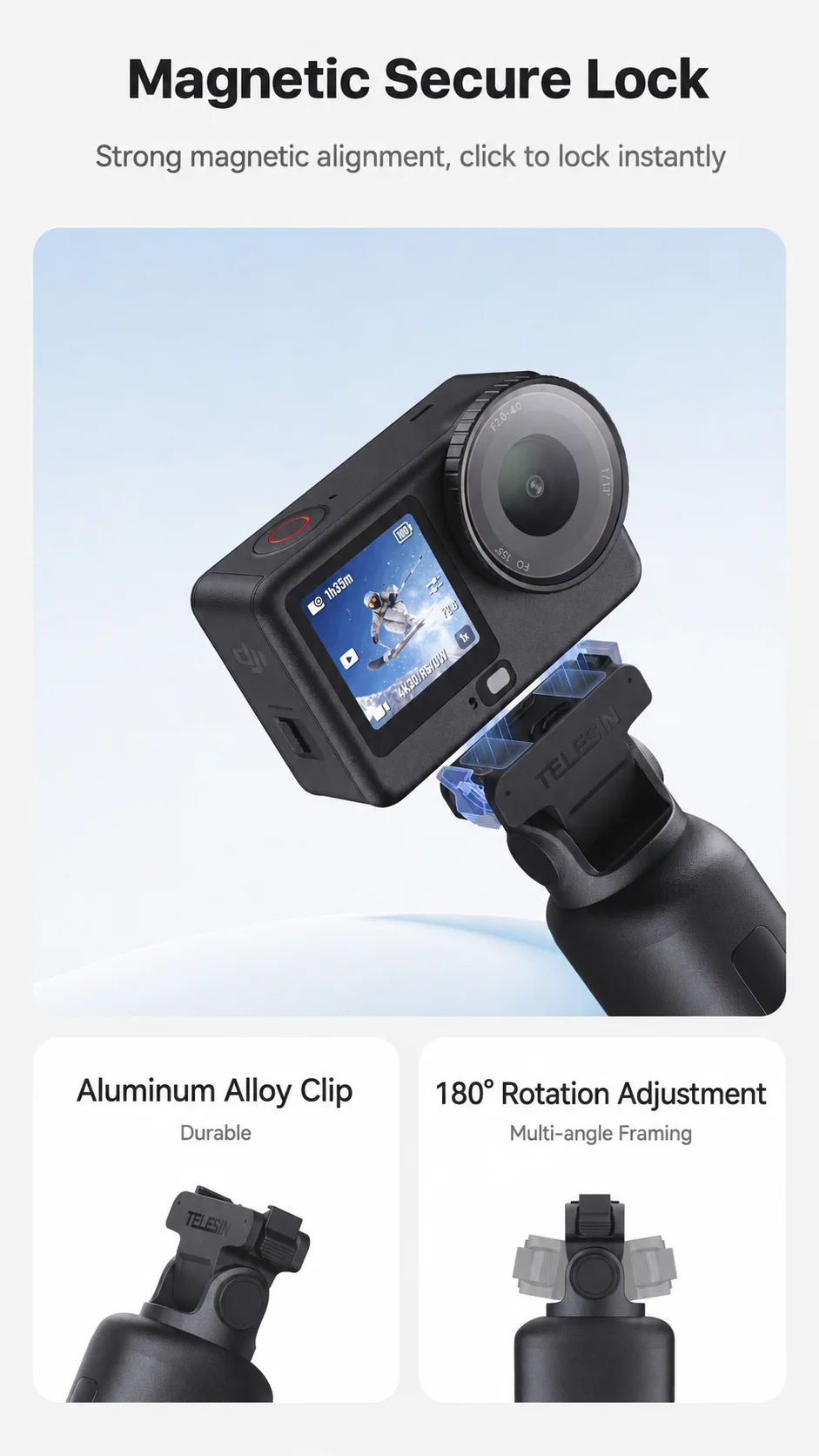 TELESIN 3-in-1 Action-Kamera-Ladehandgriff Doppel-Akku-Schnellladegerät Vlog-Griff Stativ für DJI Osmo Action 6 5 Pro Osmo 360 – Detail 6