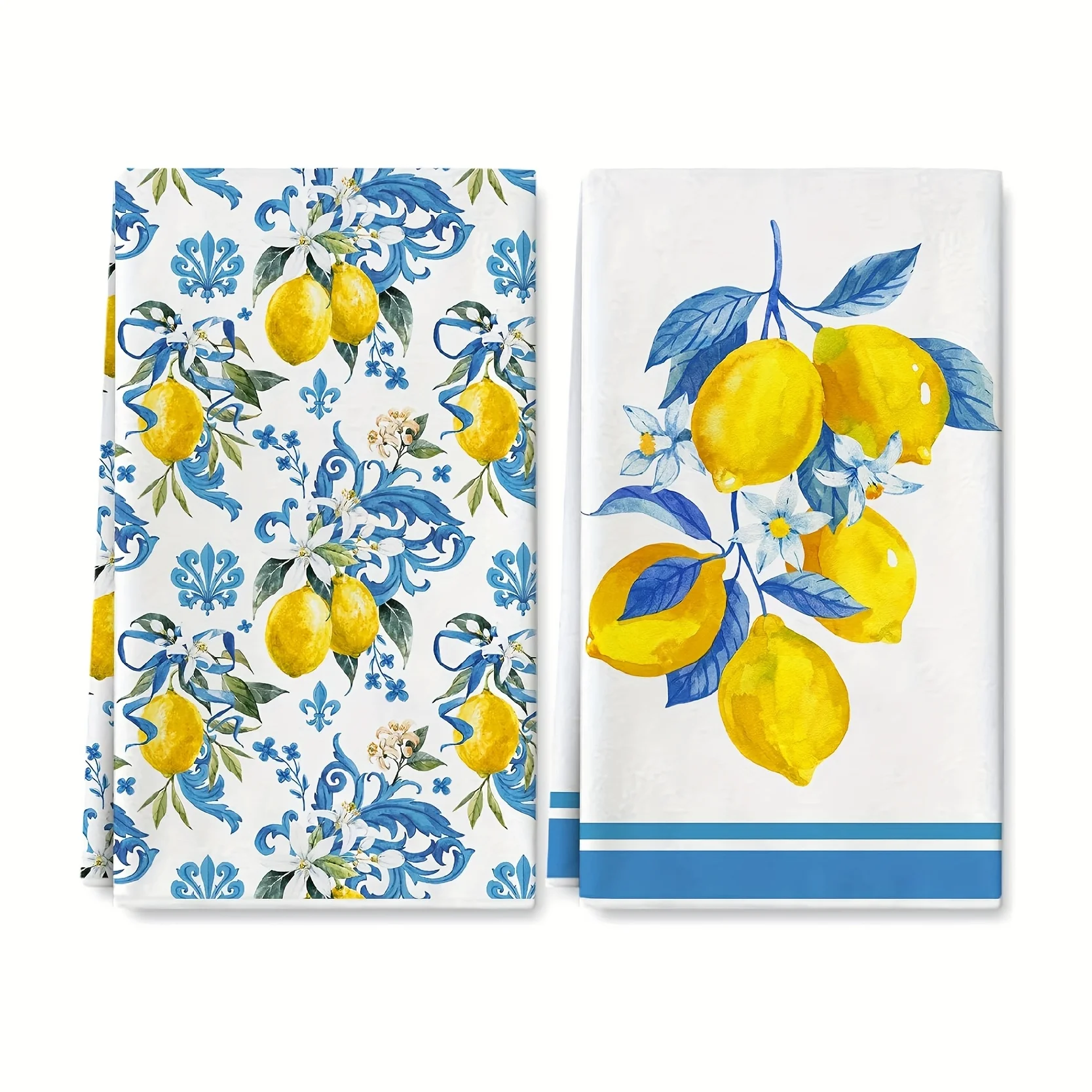 2Pcs, Blue-Edged Lemon Kitchen Towels, 40Cm*60Cm Towel Set, Best Kitchen Towels, Super Absorbent Soft Cleaning Cloth, Cooking and Baking Tea Towels, Hand Towels, Cleaning Cloths, Dishcloths, Kitchen Decor, Living Room Decorations, Kitchen Essentials, Home Essentials