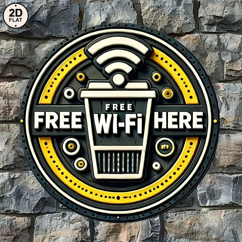 2D Flat - 1pc Round Iron Wifi Signal Strength Decorative Sign | 8.0X8.0inch, Free Wi-Fi Here Engraved Plaque, Rustic Wall Art, M