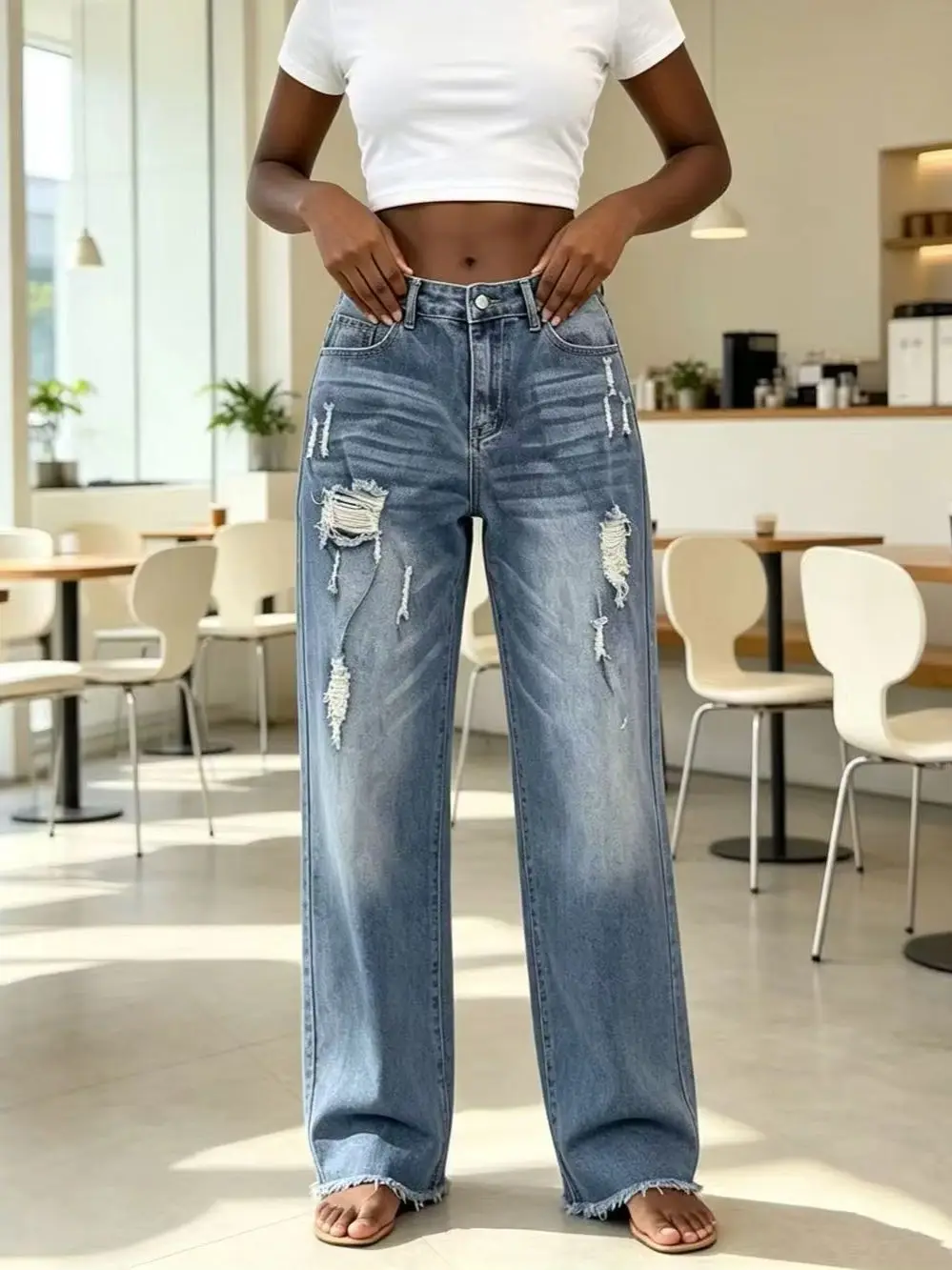 Vintage Medium Blue High Waist Wide Leg Jeans Women Ripped Frayed Hem Cutout Design Streetwear Slim Fit Versatile Long Pants