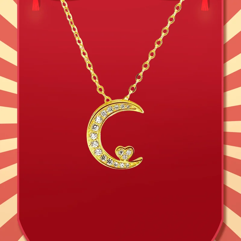 

9999 Real Gold 24K Japan and Korea fashion women's micro-inlaid crescent necklace collarbone necklace