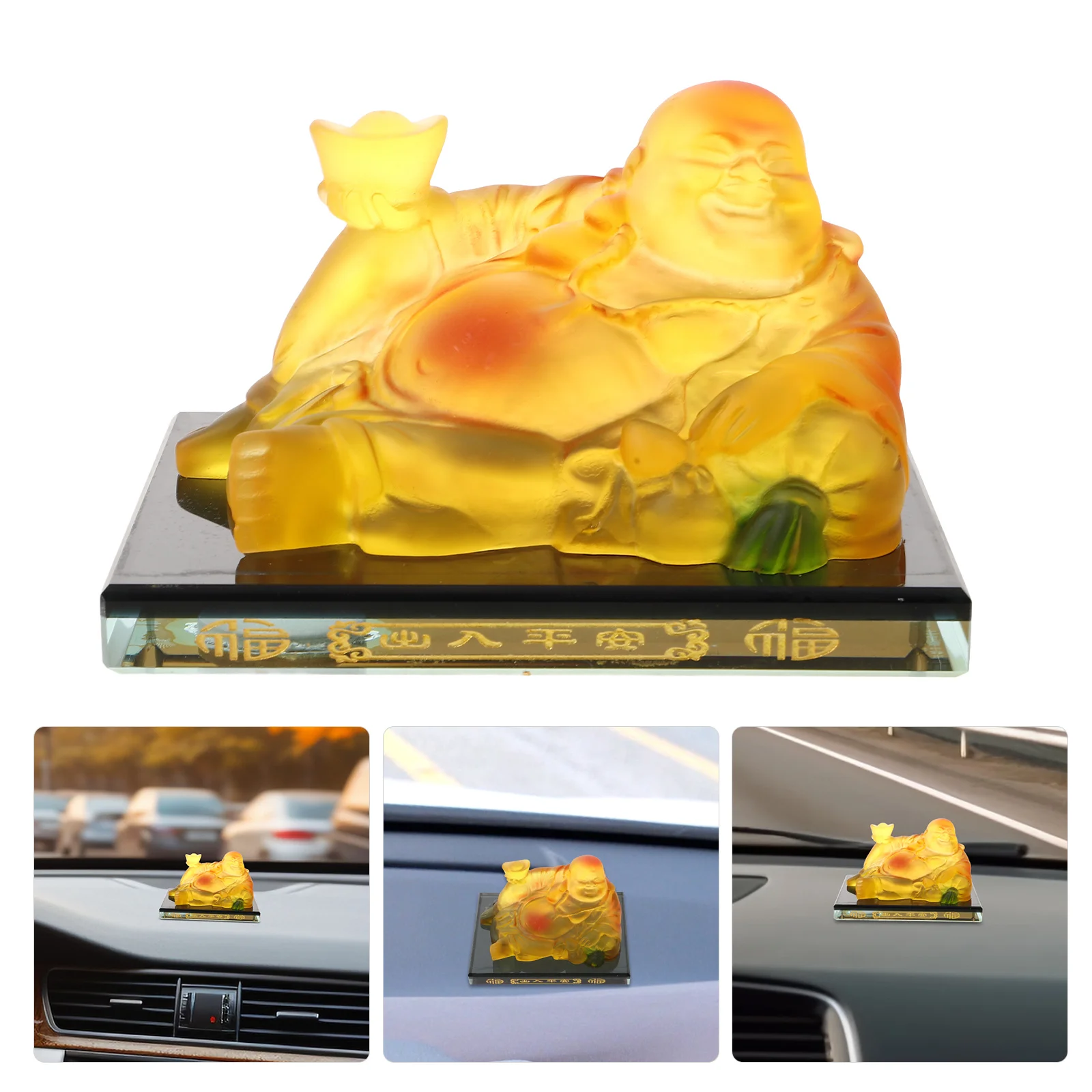 

Орнамент для автомобиля в стиле фэн-шуй — яркий смехотворящий Будда из смолы на стеклянной подставке для приборной панели автомобиля, дома, офиса — для притягивания положительной энергии