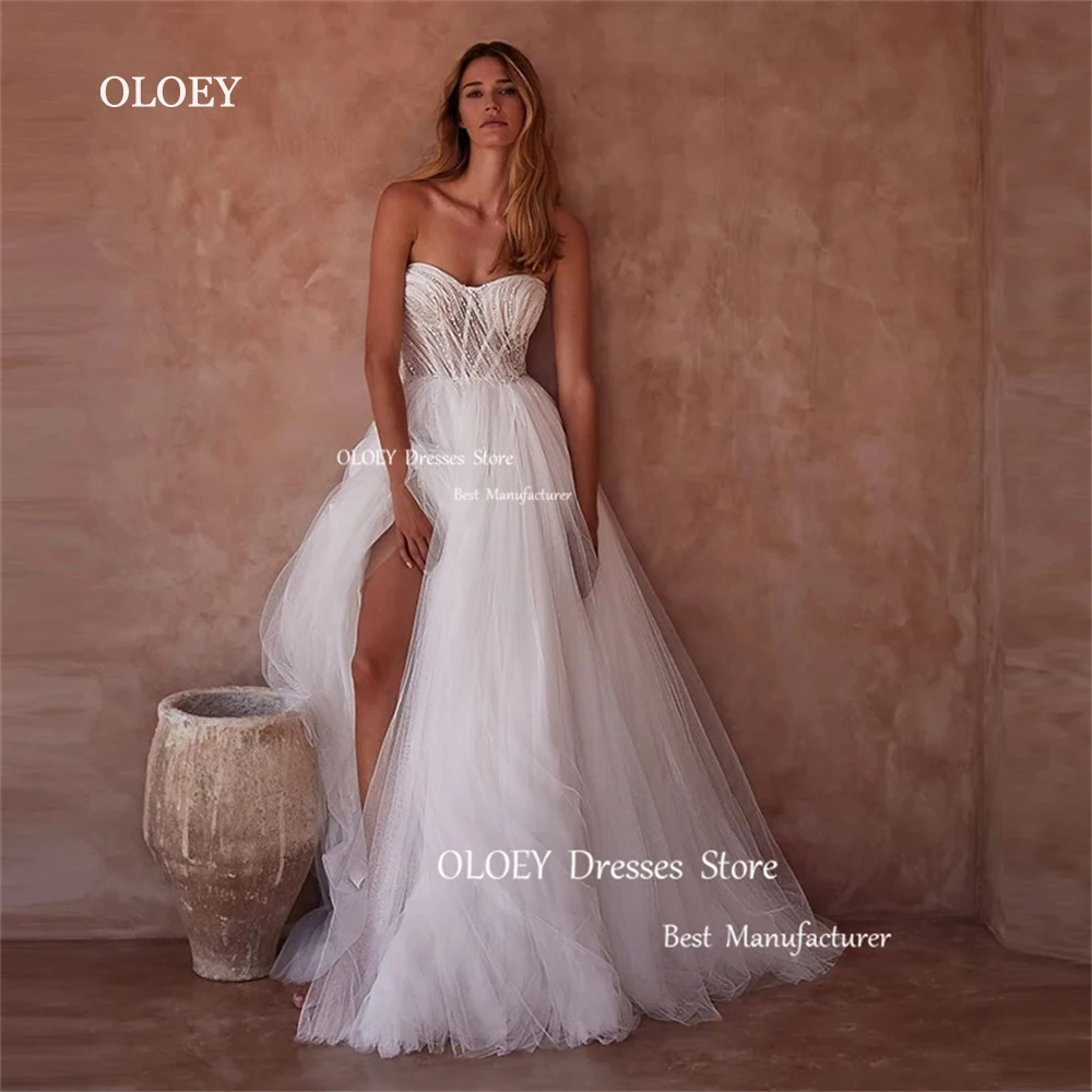 OLOEY Exquisite Wedding Dresses Photoshoot Beading Pearls Tulle Strapless Floor-Length A Line Custom Bridal Gowns Zipper Back