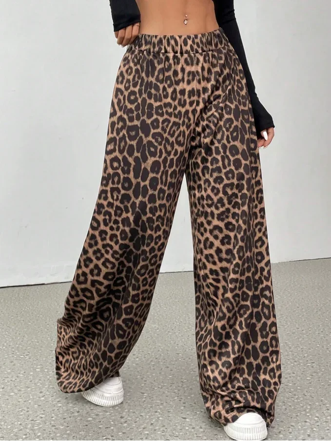 Unisex Brown Leopard Printed Quick Dry Long Pants Summer Loose Straight Trousers Men Women Casual Sports Daily Street Sweatpants