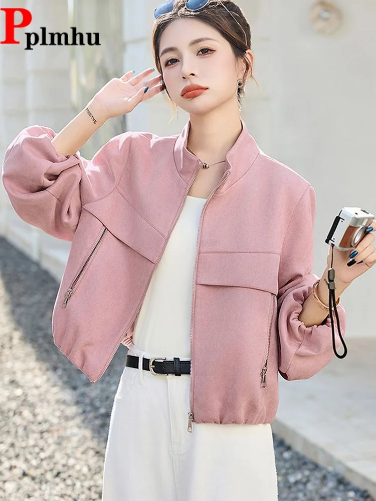 

Short Standing Collar Vintage Jackets Coats Fashion Baggy Zippers Women's Casual Chaquetas Fashion New Loose Tops Jaquetas