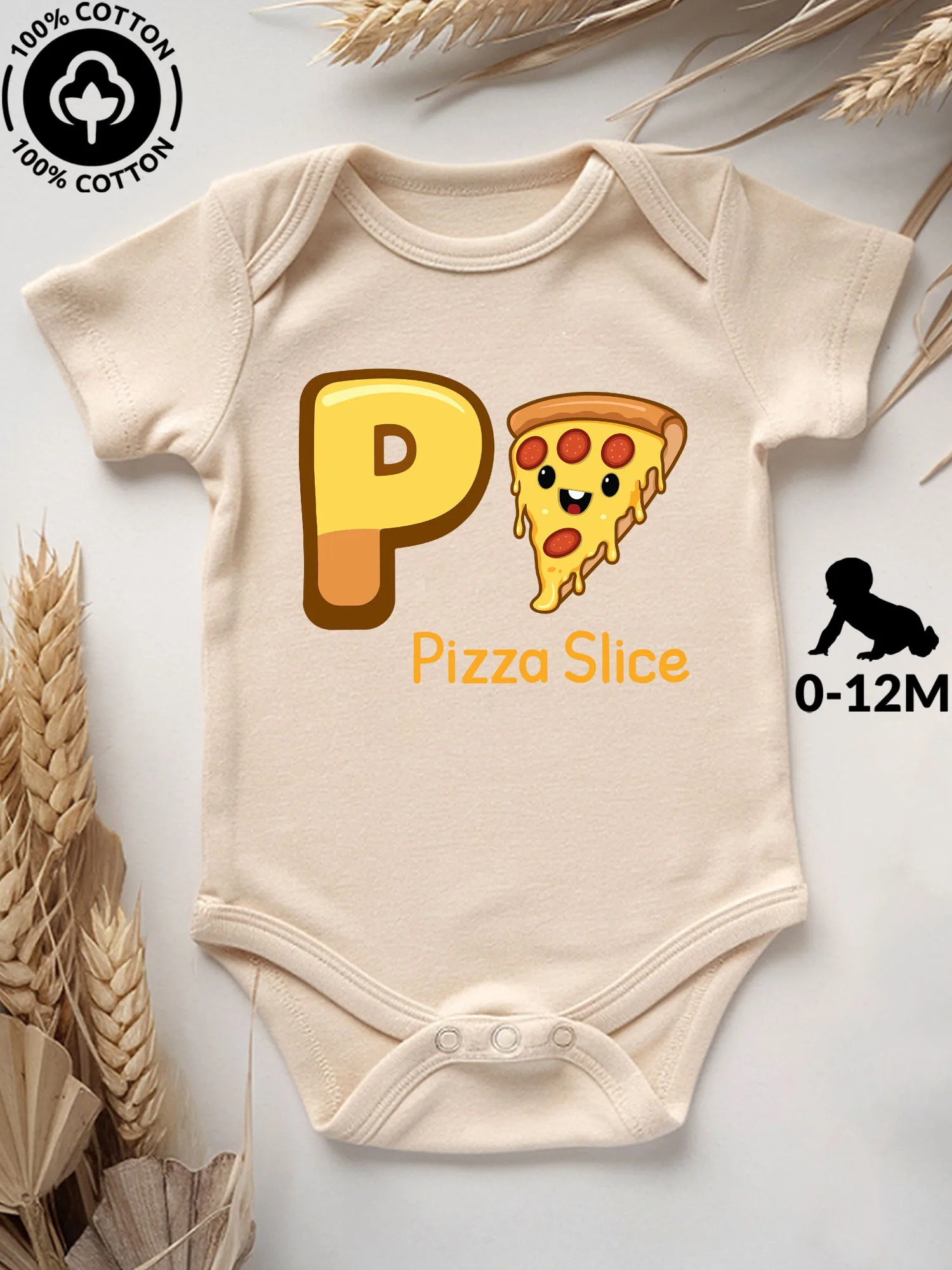 Pizza Slice P Unisex Baby-Strampler, 100% Baumwolle Weicher Einteiler, Ganzjahres-Krabbelanzug in Beige 190GSM