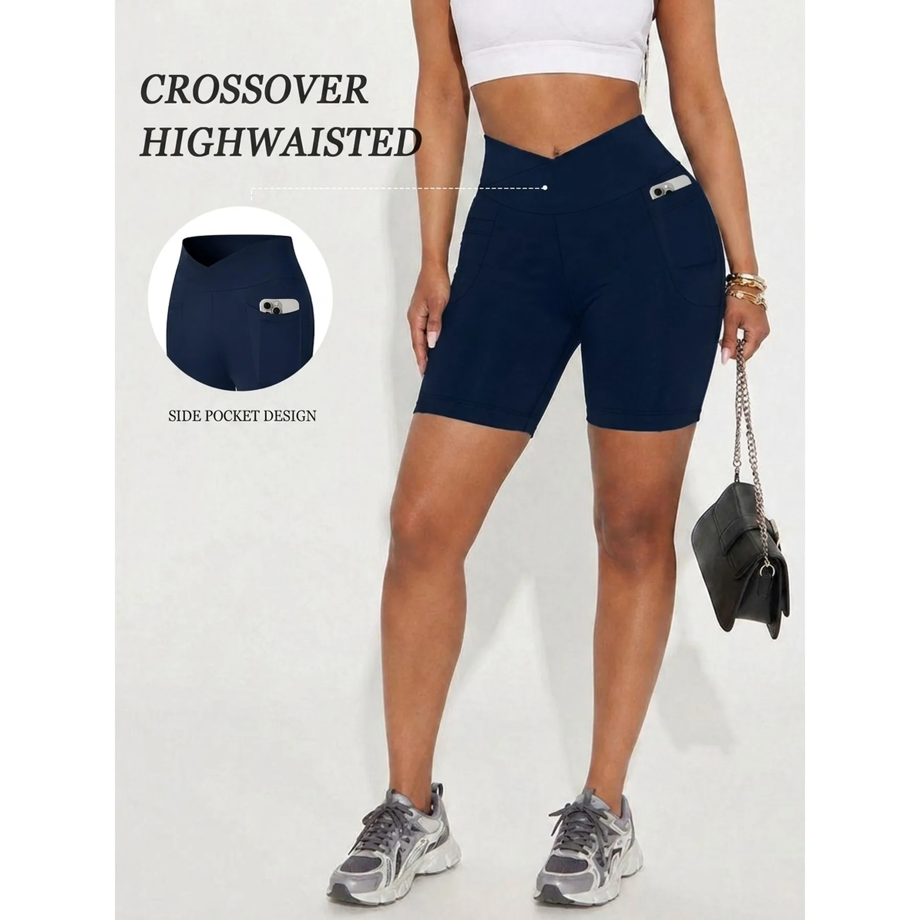Damen Super Weiche Crossover High-Waist Biker-Shorts mit Taschen, Bauchkontrolle, Blickdicht, für Workout, Yoga und Laufen – Detail 2