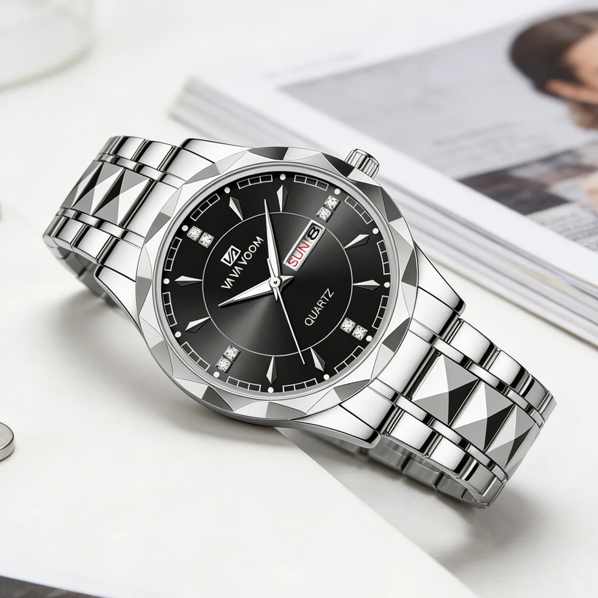 Black Stainless Steel Men Watch With Rhinestone Dial Gold Scale Quartz Clock Brand Luxurious Business Men Metal Jewelry Watches