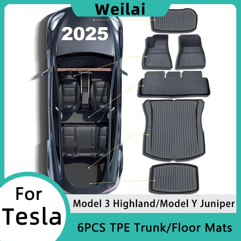 

6 шт. напольные коврики для модели Y Juniper 2025, аксессуары Model 3 Highland TPE, грузовой вкладыш, напольный коврик, коврики для багажника, грязезащитный коврик