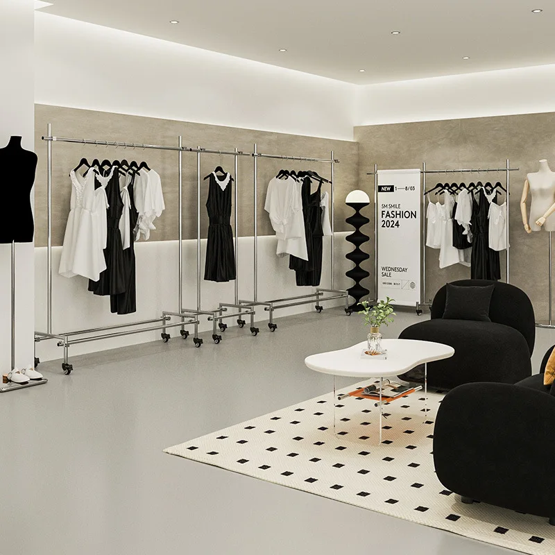 رفوف عرض متجر لبيع الملابس النسائية، متاجر ملابس النوافذ، مخصصة، من الفولاذ المقاوم للصدأ، من الأرض إلى السقف #3