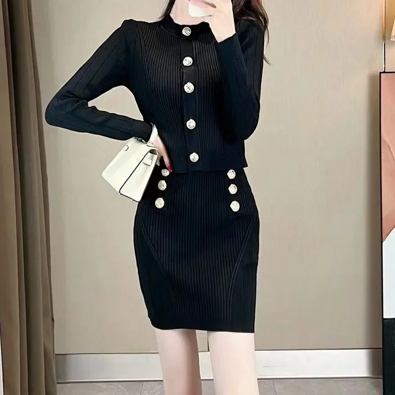 Office Lady 3 Piece Knitted Skirts Set Casual O-neck Long Sleeve Coats Spring 2023 Vintage High Waist Slim Skirt Suit for Women