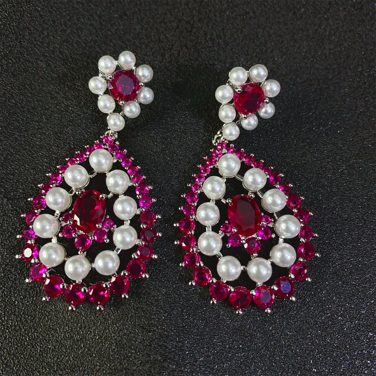 

Gorgeous Wedding Bride Earrings Fushia Pink Zircon Minis Pearls Big Water Drop Dangle Earrings Women Luxury Jewelry Feast Gift