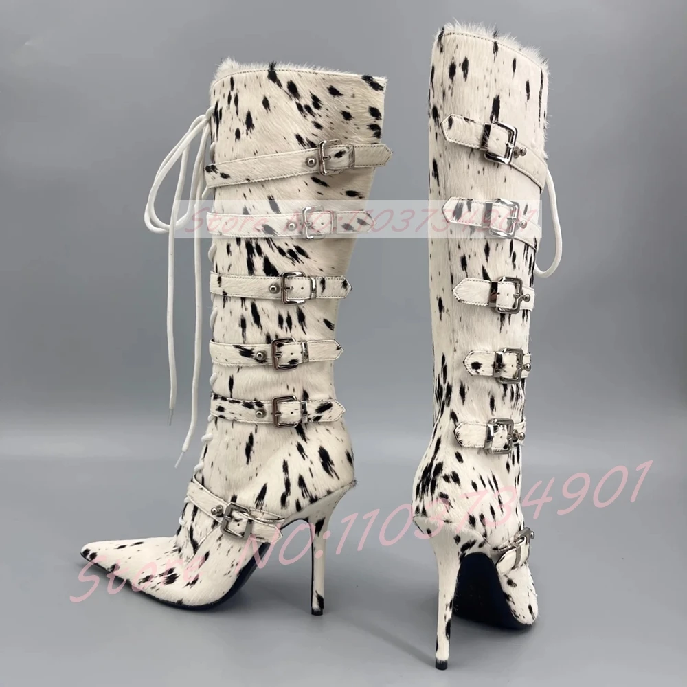 

Multiple Buckle Black Spots Knee High Boots Women White Horsehair Lace-Up Pointed Toe High Heels Boots Stylish Party Daily Wear