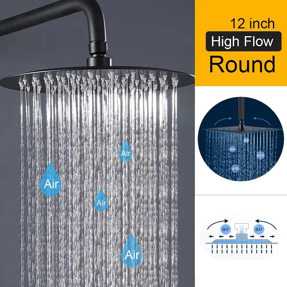 Brushed Brass Bathroom Shower System Wall Mount 12 Inch Thermostatic Rainfall Shower Faucet Set Slide Bar Triple Handle