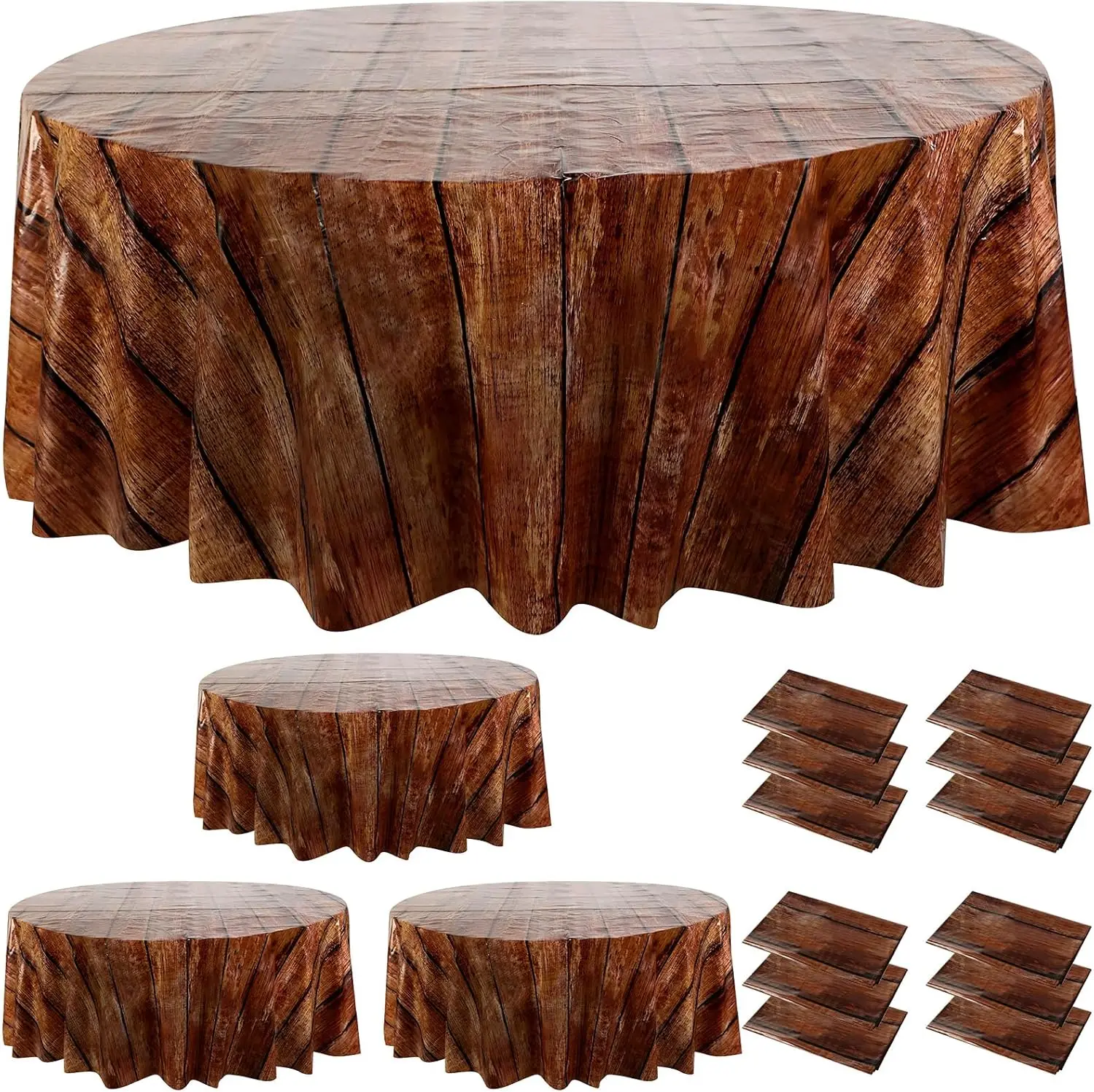

12 Pcs Wood Grain Round Tablecloth 84 Inch Rustic Plastic Table Cloth Waterproof Western Brown Table