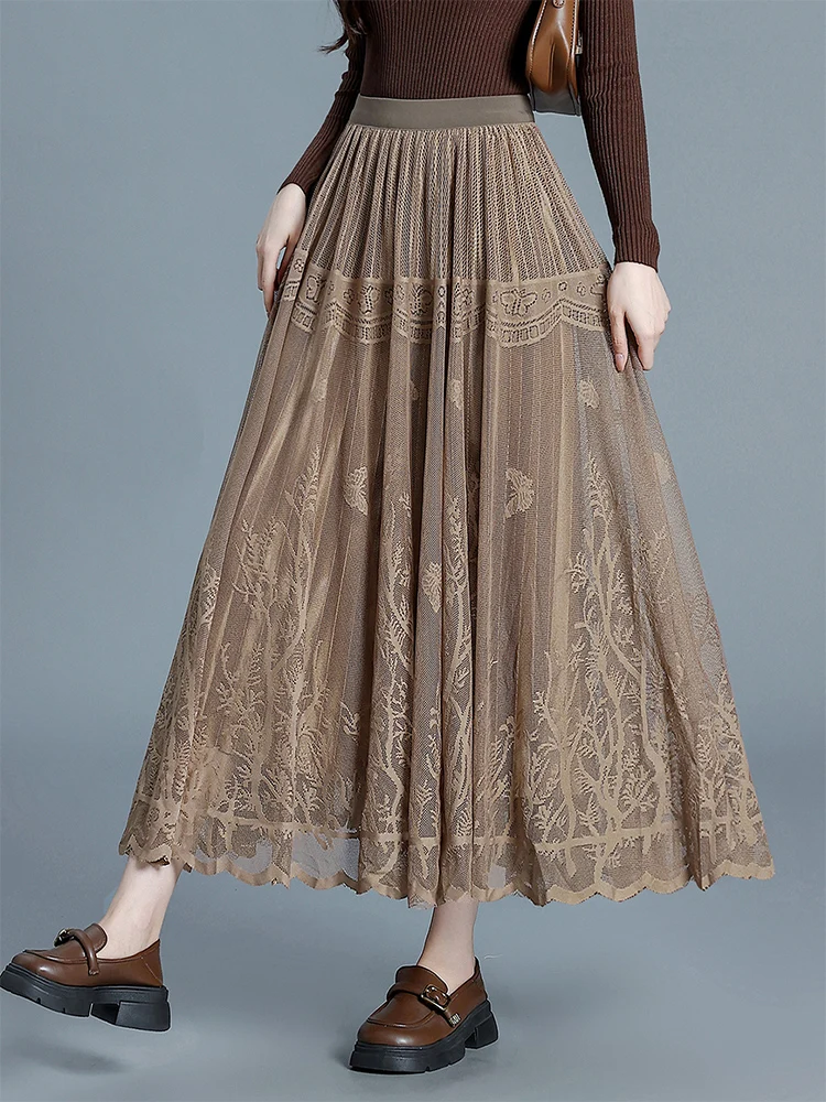 

ZUZK Big Swing Long Lace Skirt FemaleNew Korean Elastic Waist Fashion Pleated Skirt Drape Fairy Queen Sle Skirt Large Skirt