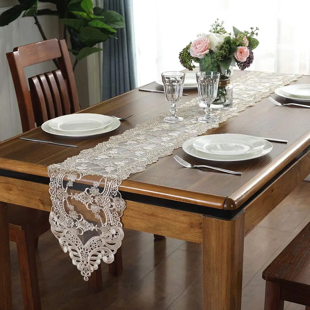 Lace Table Runner Dresser Scarf Macrame Embroidered Table Runners with Exquisite Flower Vintage Shabby Chic for  Holiday Dinning