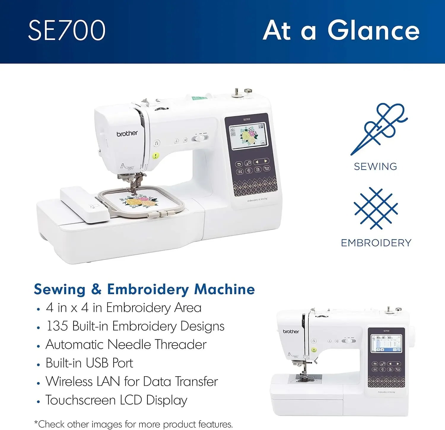 SE700 Sewing and Embroidery Machine, Wireless LAN Connected, 135 Built-in Designs,