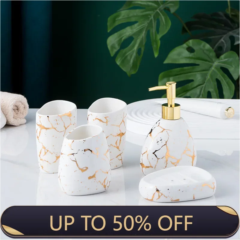 Bathroom Accessories Set Marble Gold Pattern Ceramics Toothpaste Dispenser Soap Box Toothbrush Holder Bathroom Cup Lotion Bottle