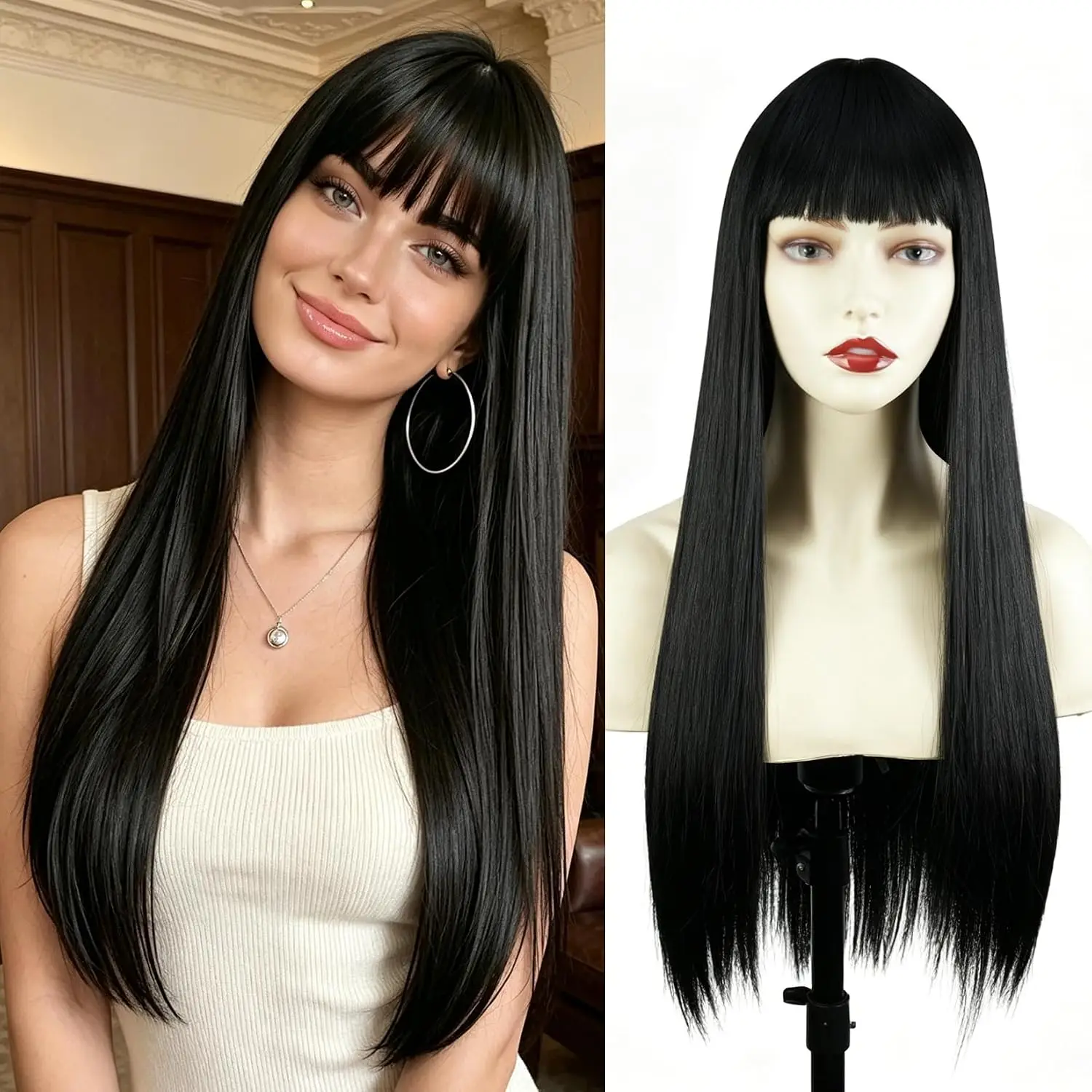 Synthetic Wig Chemical Fiber Headgear Mechanism Neat Bangs Black Breathable Full Headgear Chemical Fiber Wig Headgear Women's Universal Daily Wear