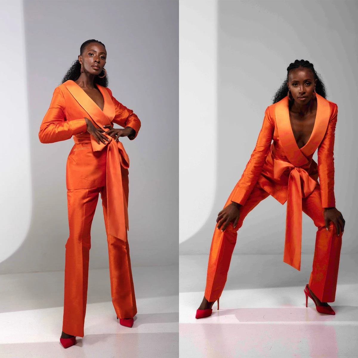 

Summer Orange Women Pants Suits Slim Fit Fashion Show Ladies Blazer Jacket Guest Wear With Sashes 2 Pieces