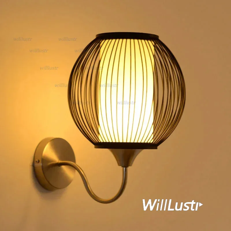 Pastoral Bamboo Globe Wall Lamp Handmade Wood Stick Ball Sconce Aisle Doorway Corridor Foyer Porch Creative Metal Light Fixture