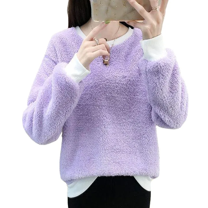 

Double Faced Velvet New Style Soft Warm Sweatshirt Women Pullover Plush O Neck Bottomed Shirt Slim Autumn Winter Solid Color