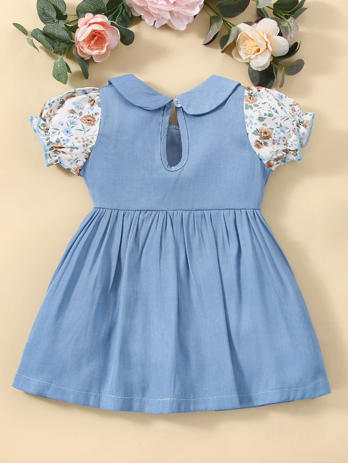 Baby Girl's Floral Patchwork Lapel Dress Single Piece Fashionable Sweet Casual Short Sleeved Summer Outfit for Toddlers