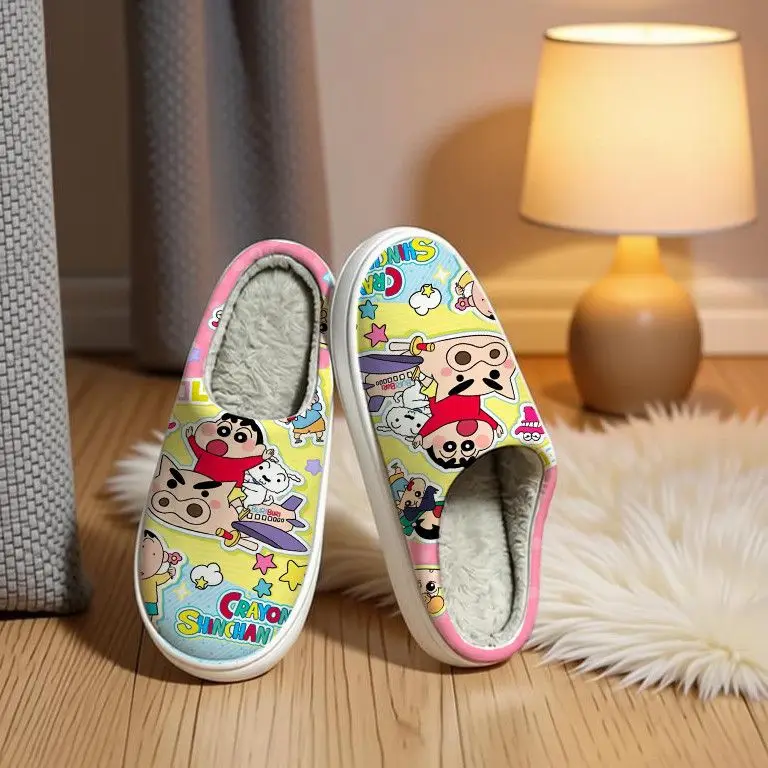 Anime Crayon Shin Chan Open Toe Home Slippers Plush Warm Liner Anti-Slip Sole Casual Bedroom Slides Winter Warm House Slippers