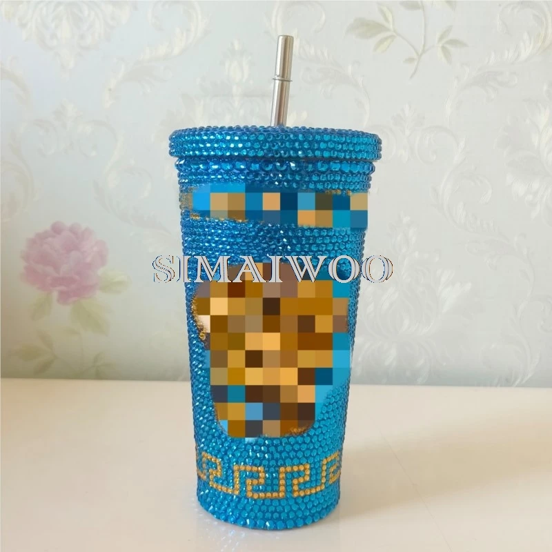 Luxury Glass Rhinestone Blue Straw Cup Blinged Thermal Insulation Water Bolltle Stainless Steel 500ml Coffee Mug Christmas Gift