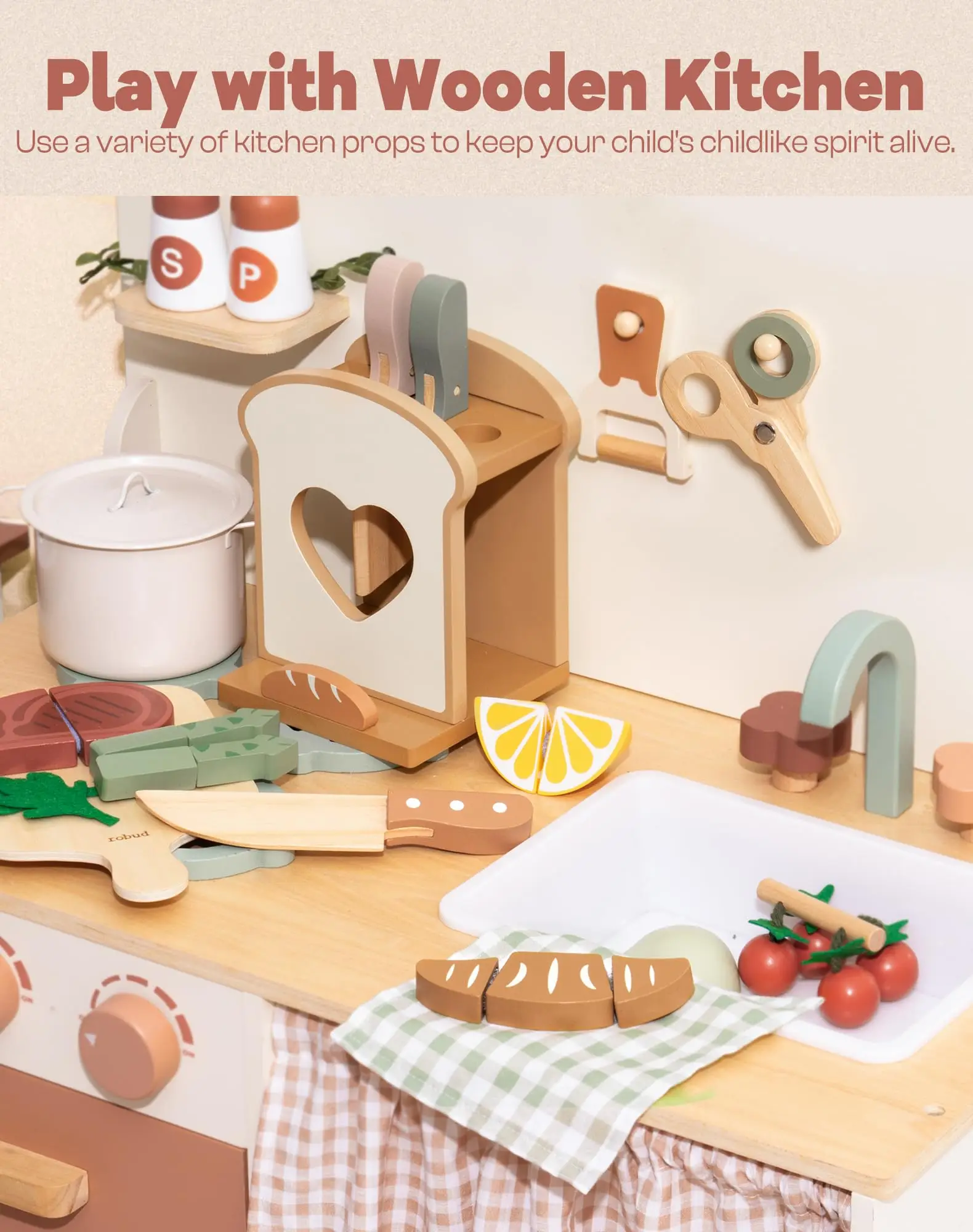 ROBUD เล่นชุดมีดทําครัวไม้ Playset Montessori แรงบันดาลใจ Pretend KITCHEN ของเล่นบทบาทเล่นของขวัญสําหรับชายและหญิง