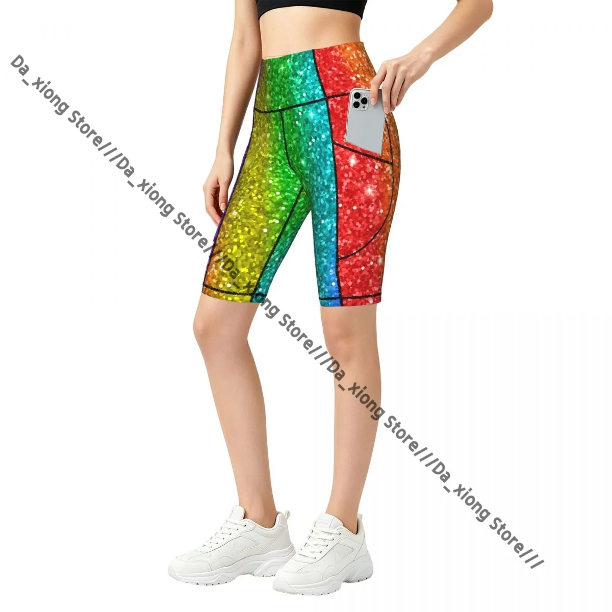 Comfortable Stretchy Yoga Shorts Rainbow Glitter Illustration Women Gym Exercise Sports Trousers
