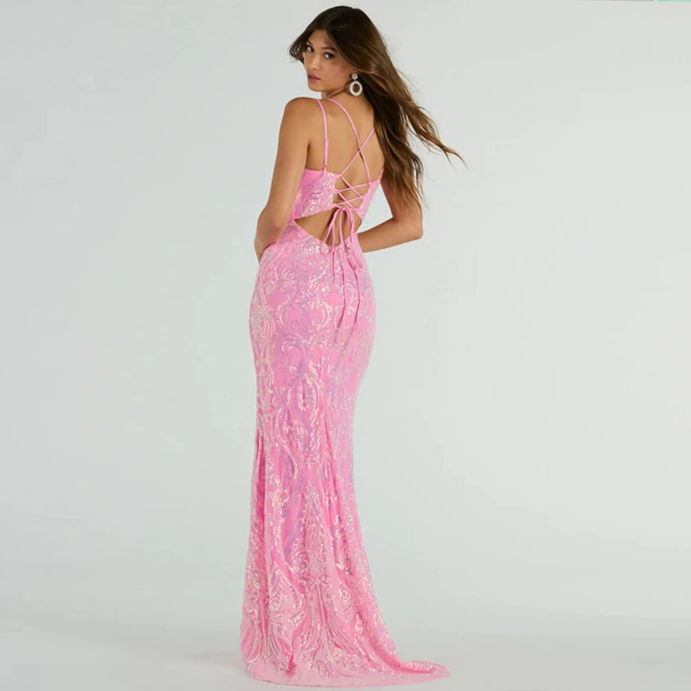 New 2024 Pink Sequined Mermaid Long Dress Evening Backless Spaghetti Straps Women Formal Gowns For Prom Party Dropshipping