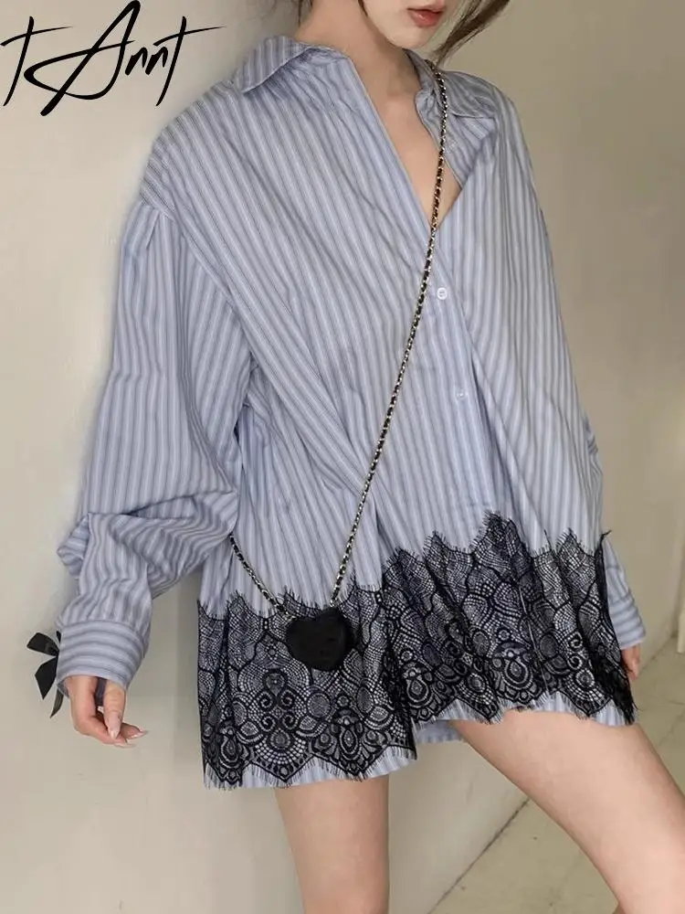 

Tannt Women Shirt Lace Splice Asymmetry Long Sleeves Shirt Blouse For Women Irregular Blue Fashion Stripe Blouse Tops 2025 New