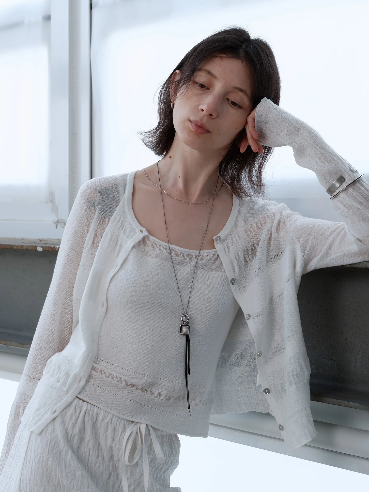 Wangwangwork Linen Cotton Knitted Hollow out Bubble Texture Cardigan Strap Vest Set Women's Summer Fashion Breathable Lightwe...