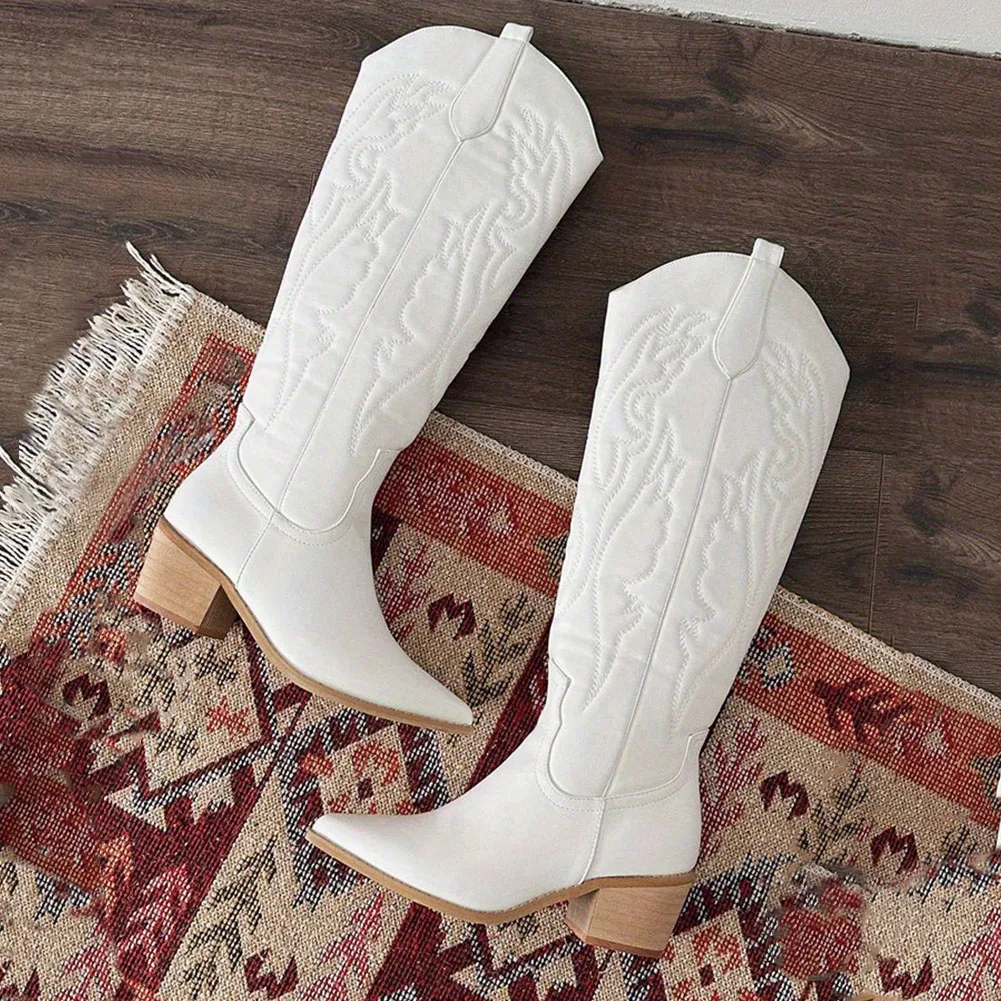 Cowgirl Western Boots 2023 Hot Fashion Pointed Toe Embroidery Vintage Style Country Knee-high Boots Retro Dress Comfort Walking