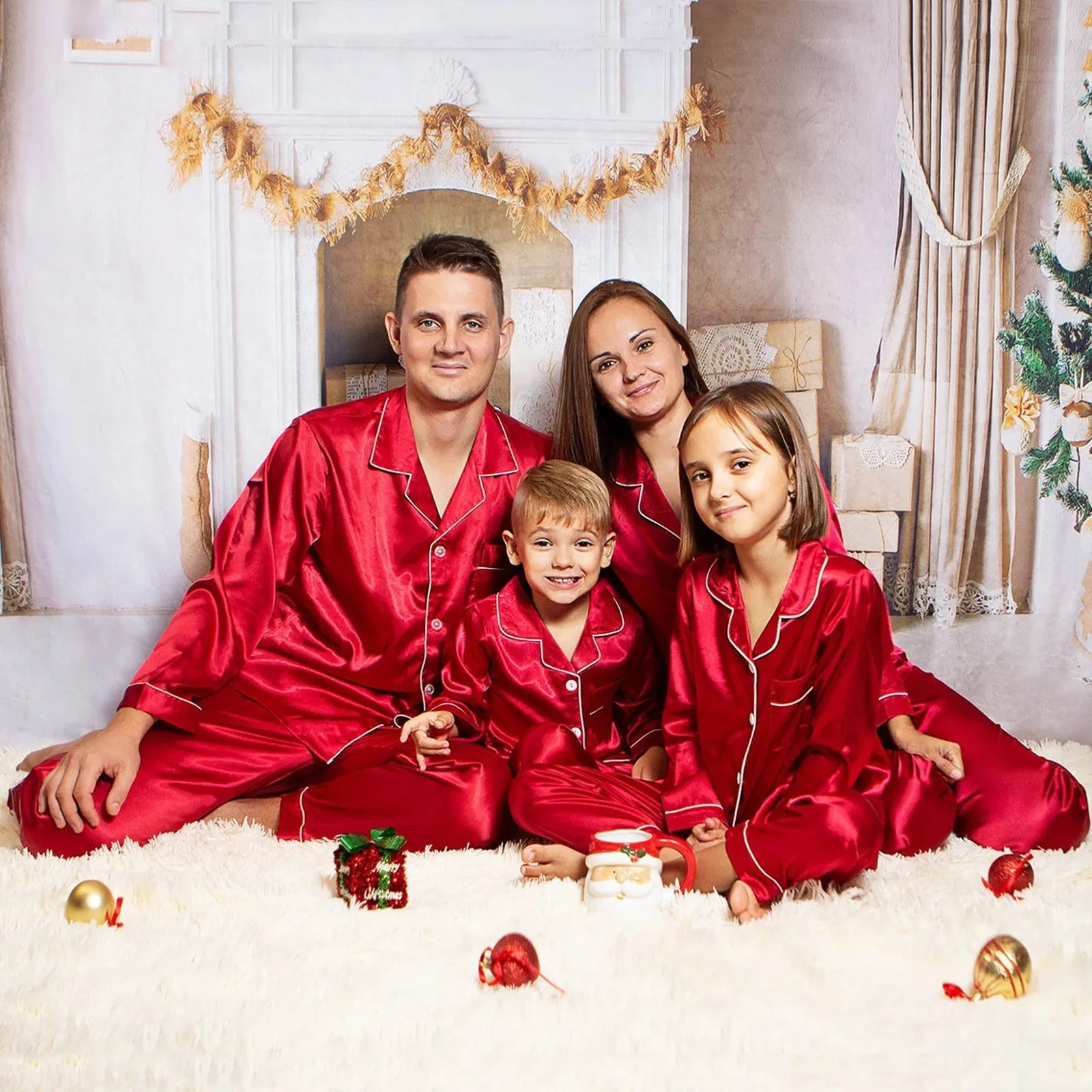 Silk Family Christmas Pajamas Sleepwear Satin Tops+Pants 2pcs Nightwear Pajamas Loungewear Solid Matching Suits For The Family