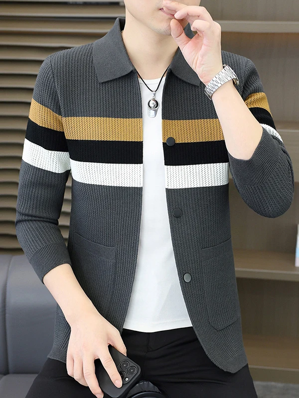 

Мужской повседневный вязаный кардиган-свитер на осень-зиму с отложным воротником, в полоску, стандартный крой, из полиэфирного волокна, с длинными рукавами