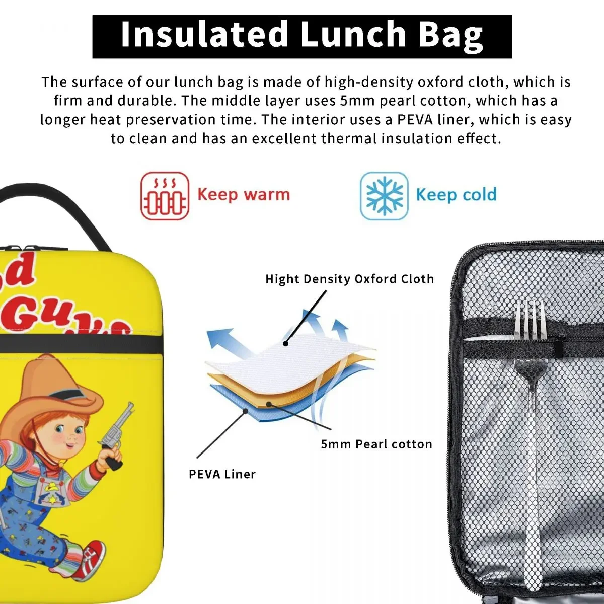 Good Guys Cowboy Insulated Lunch Bag for School Office Child\'s Play Chucky Waterproof Thermal Cooler Bento Box Women Children