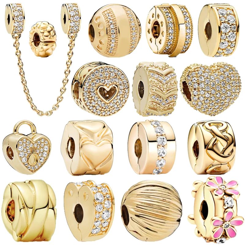 New Gold Safety Chain Flowers & Hearts Clip Charm Beads Fit Original 925 Sterling Silver P@Ndora Bracelet DIY Women Jewelry Gift