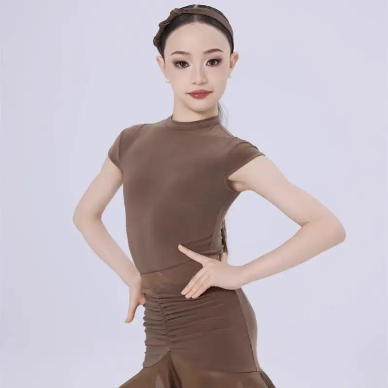 بدلة رقص لاتينية مخصصة للفتيات بأكمام قصيرة ملابس ممارسة راقية مجموعة تنورة على شكل هيكل السمكة زي الأداء