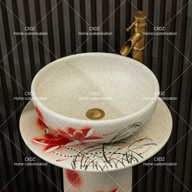 Ceramic Column Wash Basin Outdoor Garden Art Pillar Sink for Balcony Villa Courtyard Decorative Freestanding Pedestal Basin
