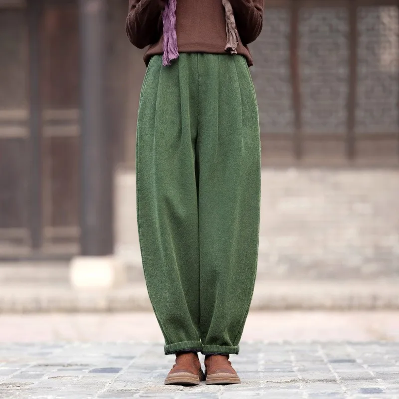 Johnature Women Vintage Warm Bloomers Pants Solid Color Linen Winter Elastic Waist Trouser 2024 New Plus Fleece Women Long Pants