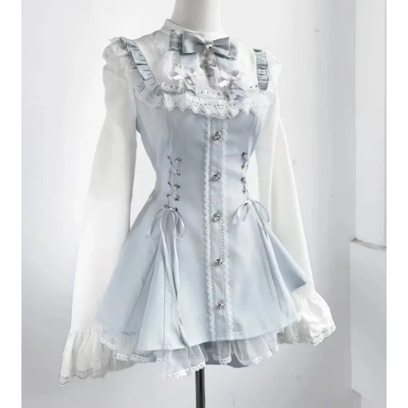 Women 2 Piece Outfit Set French Vintage Print Y2k Long Sleeve Top and Skirt Japanese Style Casual Chic Matching Set New Arrival