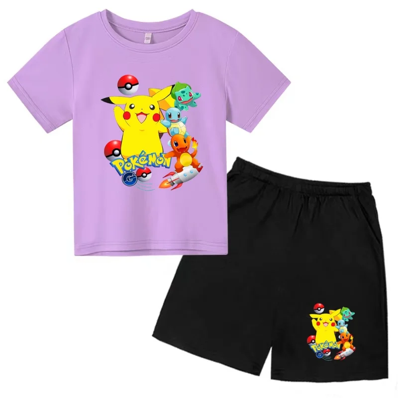 Children's T-shirt Two-piece Set 3-12Years Pokemon Cool Summer Anime Pikachu Boys Girls Clothing Short-sleeved+Shorts Casual Set view 5
